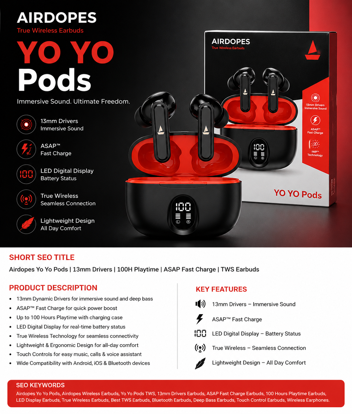 Airdopes YO YO Pods TWS Wireless Earbuds | 13mm Drivers | Fast Charging | LED Display | Bluetooth Earbuds