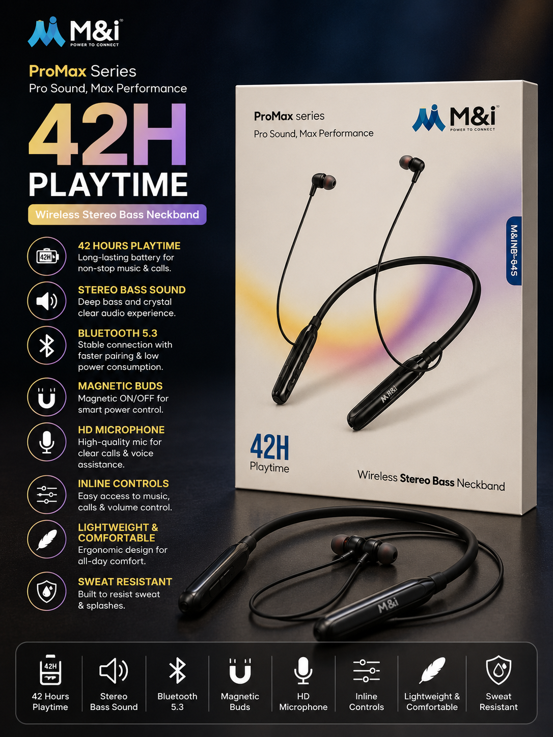 M&I ProMax Series Wireless Stereo Bass Neckband | Bluetooth 5.3 | 42H Playtime | ENC | Gaming Mode