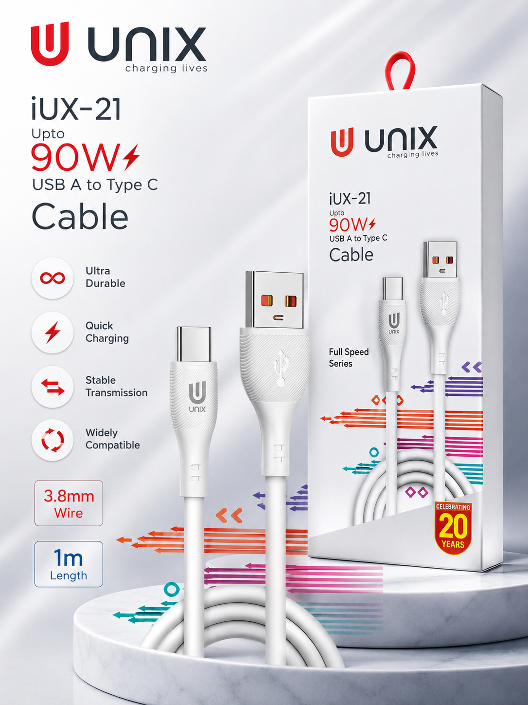UNIX iUX-21 90W USB-A to Type-C Fast Charging Cable | 1M | 3.8mm Thick | High Speed Data Cable