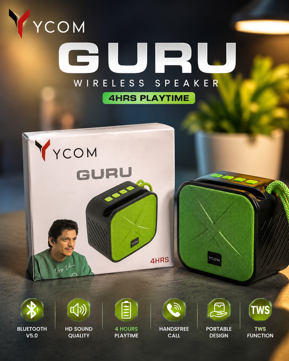 YCOM GURU Portable Bluetooth Wireless Speaker | HD Sound | TWS | Hands-Free Calling | 4 Hours Playtime | Green