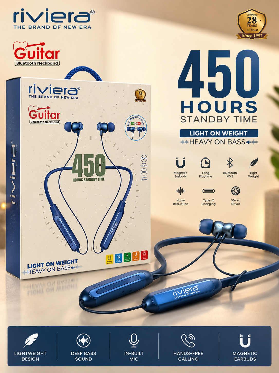 Riviera Guitar Bluetooth Neckband | 450 Hours Standby | Bluetooth v5.3 | Deep Bass | Type-C Fast Charging
