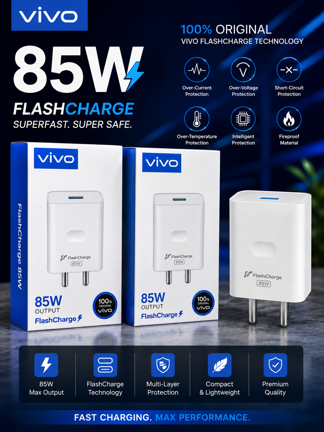 vivo 85W FlashCharge Fast Charger | Ultra-Fast Charging | Safe & Reliable | Premium Quality Adapter