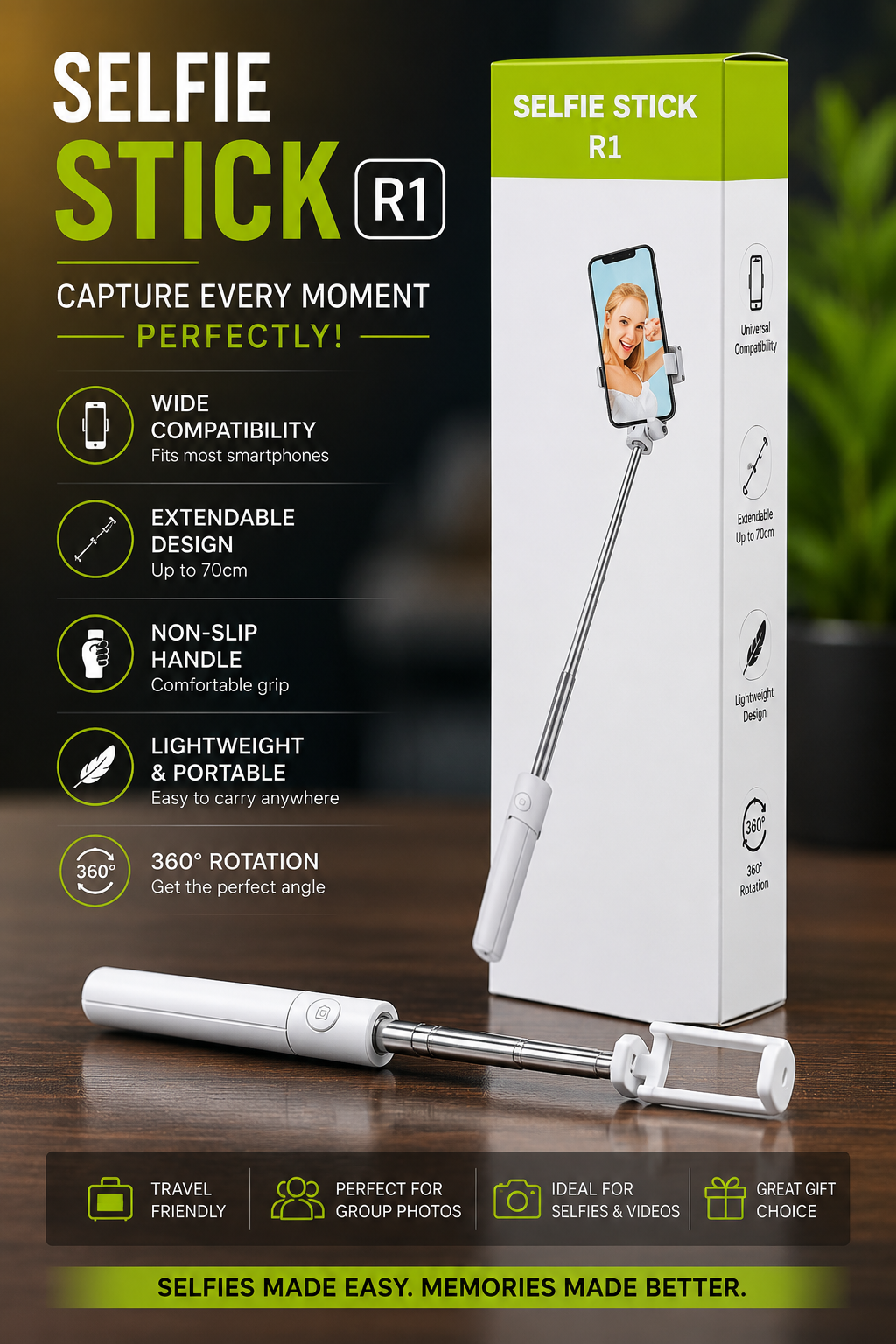 R1 Selfie Stick | Extendable | 360° Rotation | Universal Smartphone Selfie Stick