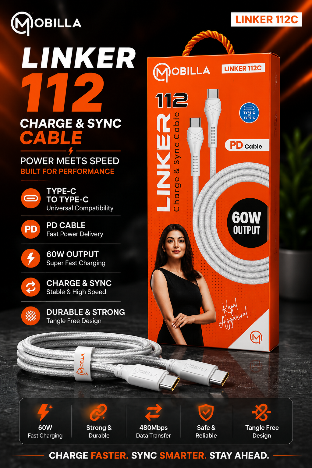 Mobilla Linker 112C USB Type-C to Type-C PD Cable | 60W Fast Charging | 480Mbps Data Transfer | Charge & Sync Cable