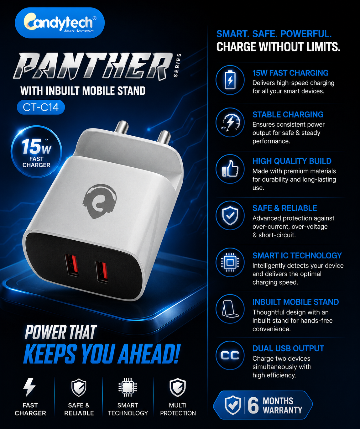 Candytech Panther CT-C14 15W Fast Charger with Inbuilt Mobile Stand | Dual USB Charger | Smart IC | 6 Months Warranty