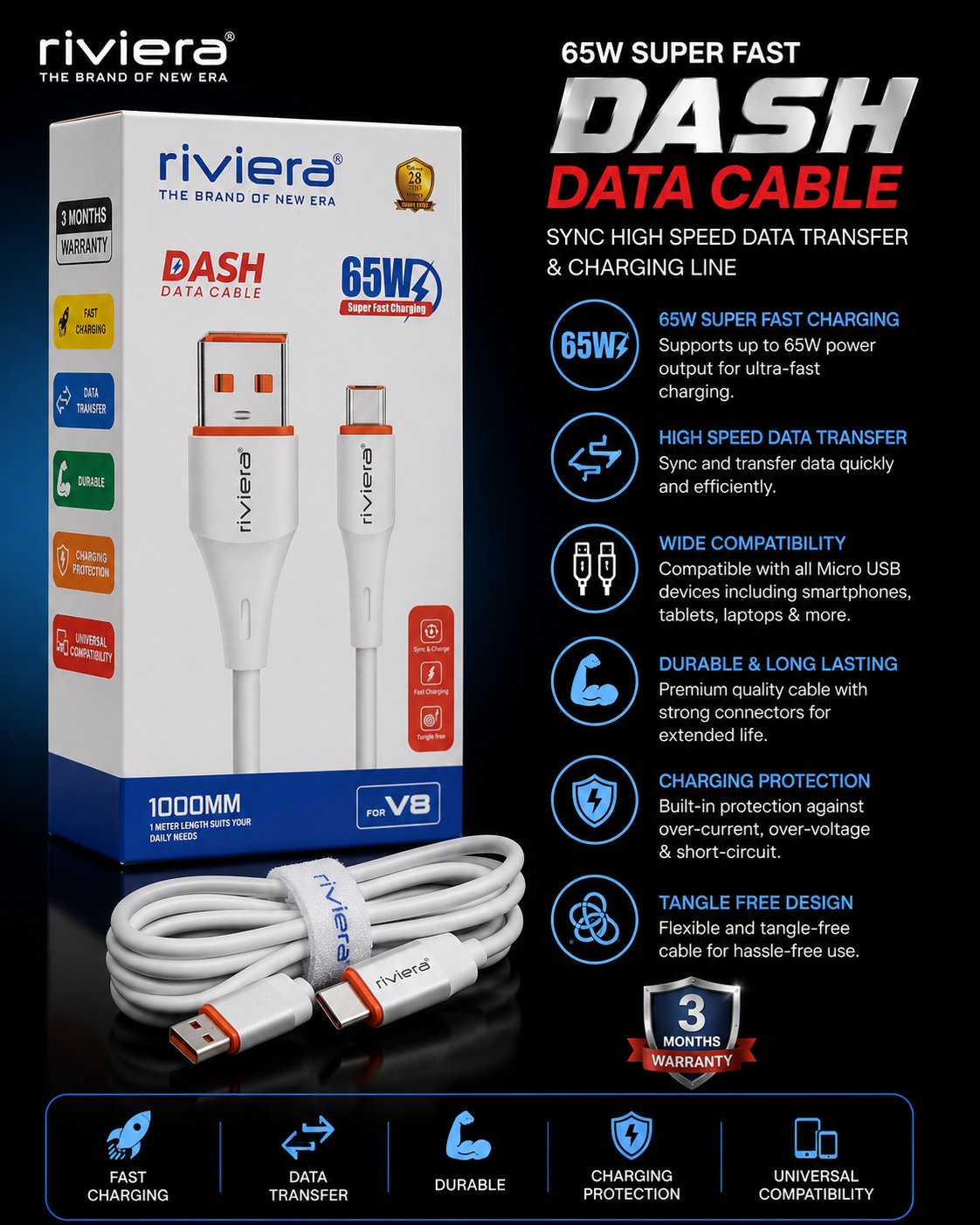 Riviera 65W Dash V8 Data Cable | Micro USB Fast Charging Cable | High-Speed Data Transfer | 3 Months Warranty