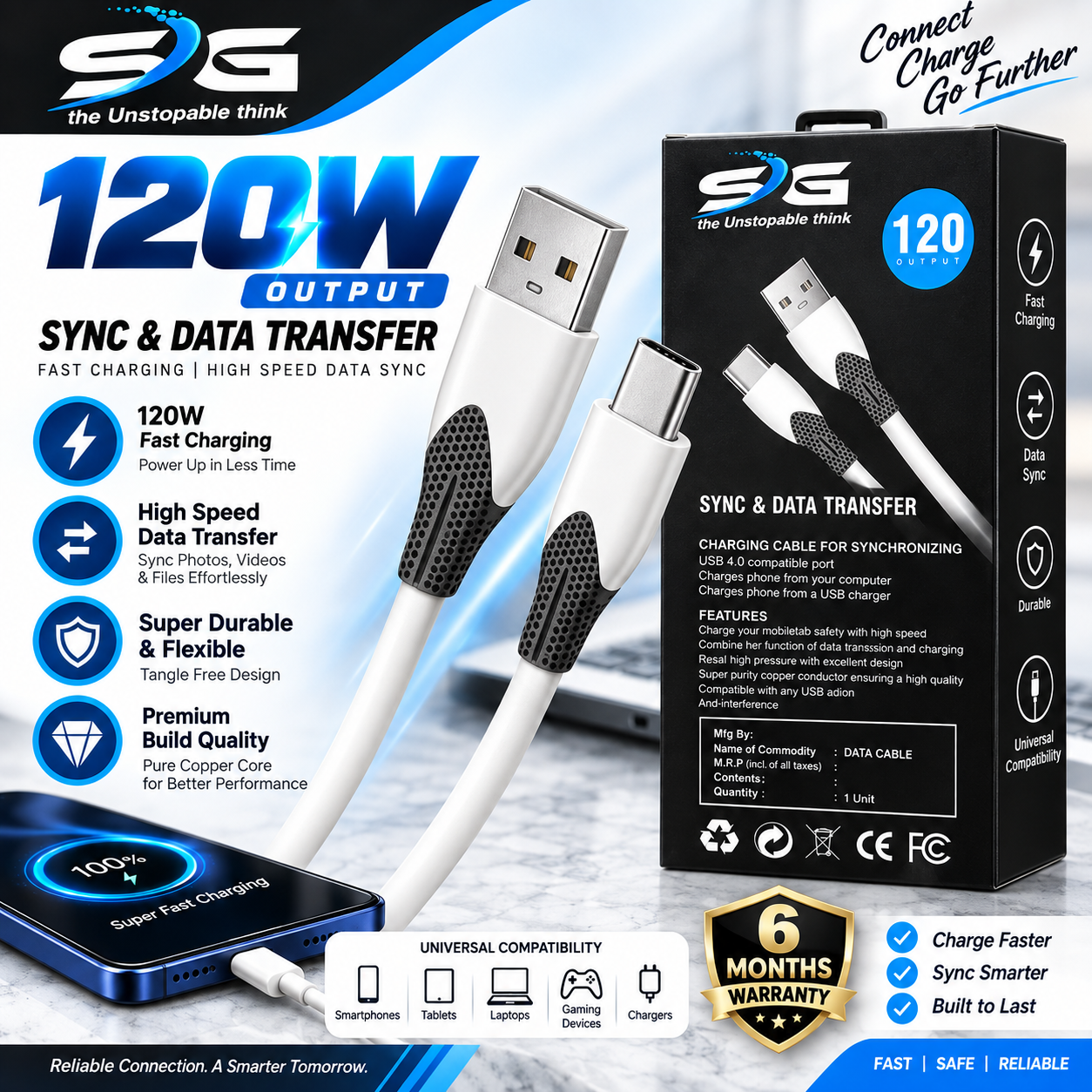 SG 120W Fast Charging Data Cable | High-Speed Data Sync | USB 4.0 Compatible | Durable & Flexible | 6 Months Warranty
